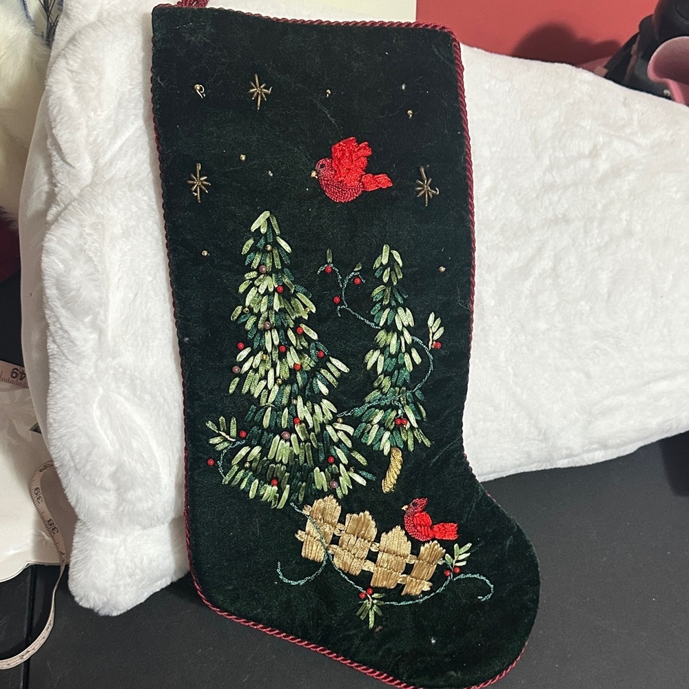 Christmas green velvet needlepoint stocking